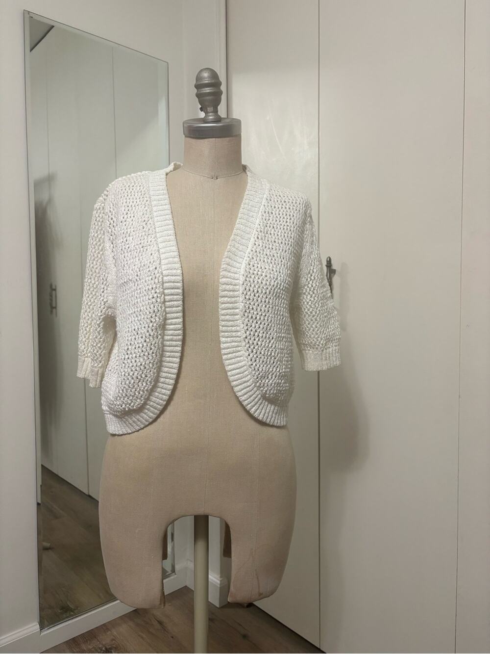 Croft & Barrow White Open Knit Cropped Cardigan Shrug Short Sleeve Womens S/M